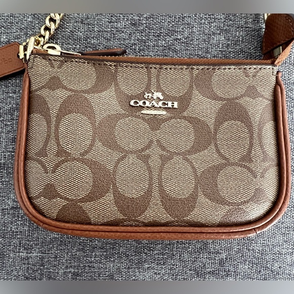 Coach Tan Brown Mini Purse Wristlet Gold Chain C Logo Coated Canvas Small Khaki - Picture 3 of 17